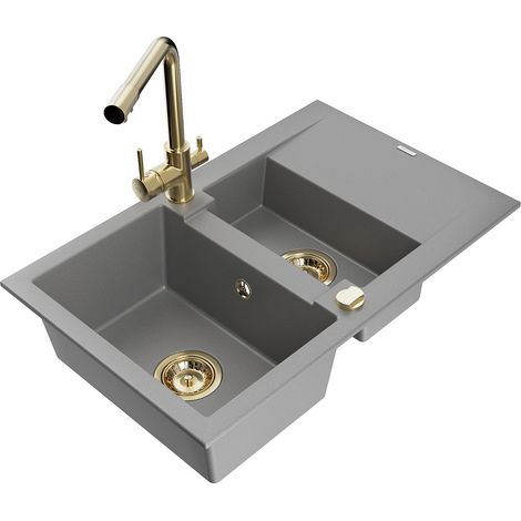 Mexen Gaspar lavello in granito 1,5 vasche con scolapiatti e rubinetto da cucina Duero, grigio - 6507-71-671600-50 (1/5)