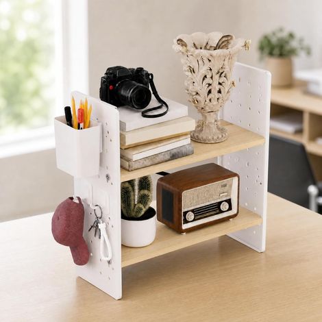 H.J WeDoo Étagère de Table à 2 Niveaux/Organisateur de Bureau avec Crochets et bacs de Rangement Étagère de Cuisine pour Bureau, Chambre et Cuisine Blanc, 40 × 15 × 40 cm (1/5)