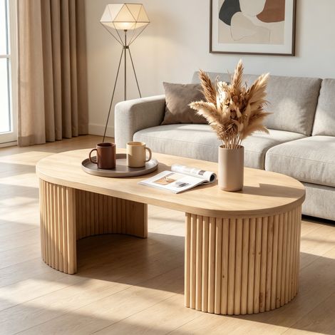 Tavolino ovale 100x50x35 cm con vano portaoggetti e ripiano, design minimalista scanalato, MDF color naturale (1/5)