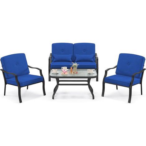 COSTWAY Salon de Jardin 4 Pièces avec Table Basse en Verre Trempé et Coussins Charge 300KG, Ensemble de Canapés de Terrasse avec Cadre Métallique 4 Places, pour Patio Balcon Terrasse (Bleu) (1/5)