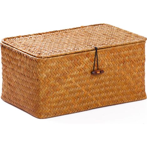 Panier de rangement avec couvercle, tressé, couleur naturelle, boîte avec fermetures Tommoy01