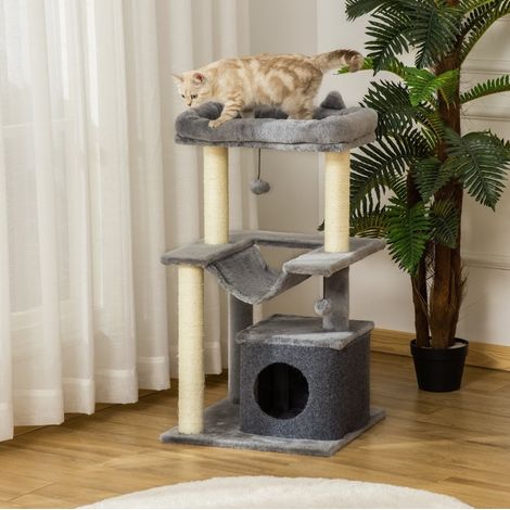 Katzenbaum 48x48x90 cm aus Spanplatten grau mit Hängematte, Stauraumgewinn – MEUBLIV (1/5)