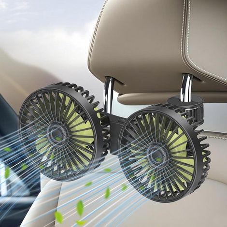 Ventilador de coche de doble cabezal，ajustable，giratorio 360 grados，12 voltios，3 velocidades，para asientos traseros，autocaravanas y barcos (1/5)