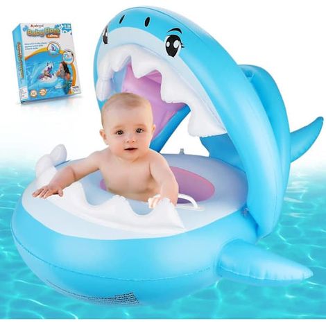 Bouée gonflable pour bébé avec protection solaire UPF 50+ et capote, adaptée aux enfants de 6 à 36 mois, pour les loisirs aquatiques d'été.-AquaForge (1/5)
