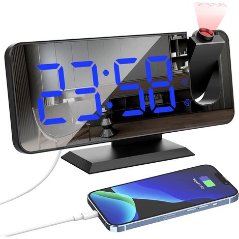 Reveil Projecteur, Xakay Réveil à Projection 180° Plafond, Horloge Numérique, Reveil USB avec Double Alarme et Écran Miroir LED de 7.3, 12/24H,Snooze, 4 Niveaux de Luminosité pour La Maison, Le Bureau (1/5)