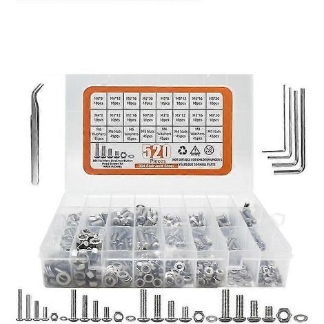 Assortiment de 520 vis et écrous hexagonaux en acier inoxydable M3, M4, M5 et M6 (1/3)