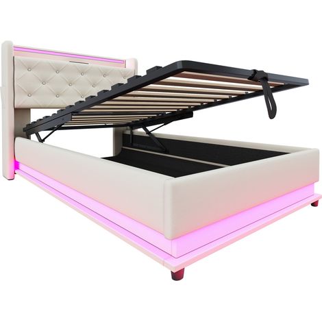 Letto per bambini imbottito 90 x 200 cm con LED, USB e contenitore idraulico MODENUIT (1/5)