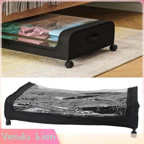 Bac de Rangement Sous Lit à Roulettes en Tissu avec Couvercle Transparent Noir (1/4)
