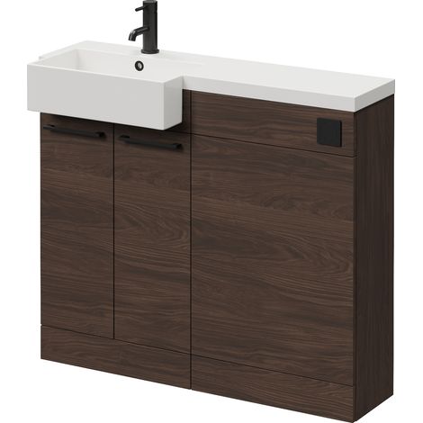 Napoli 250 Brown Oak 1000mm 2 Door Vanity Unit Toilet Suite with Left Hand Square Rico Semi Recessed Basin - 1000mm - Matt Black 160mm HandleWithout Kingston Toilet Pan