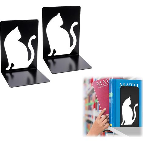 Blocs d'étagères 2 pièces, étagères en métal, serre-livres noirs, serre-livres noirs, serre-livres décoratifs, serre-livres pour écoles, bureaux (Chat Rectangle) (1/5)