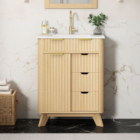 URBAN MEUBLE Meuble vasque céramique et effet bois naturel ondulée, 3 tiroirs et pieds en bois massif, 61 cm (robinet non inclus) (1/5)