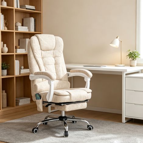 Fauteuil de bureau crème tissu simili‑cuir respirant, massant, télécommande, hauteur réglable (1/5)