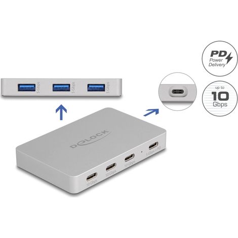 Delock Concentrador USB de 7 puertos con 4 USB Type-Câ¢ hembra y 3 USB Tipo-A hembra con PD 82 W