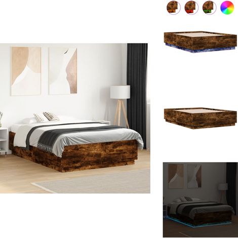 Cadre de lit avec LED sans matelas chêne fumé 135x190 cm - Cadre De Lit - Lit Double - Éclairage Led - Lumieres Rgb - Sommier (1/5)