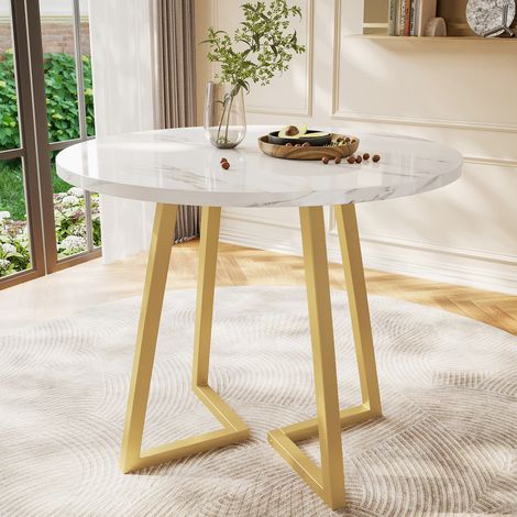 Tavolo rotondo in MDF bianco effetto marmo, struttura in metallo, Ø80x75 cm (1/5)