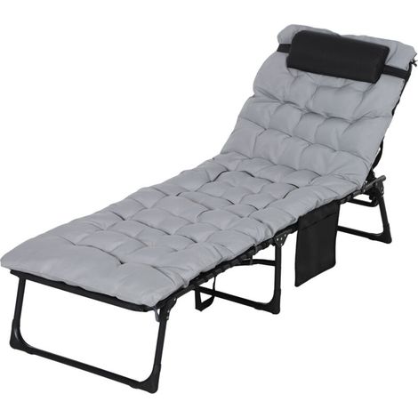 Chaise longue pliante, dossier inclinable 5 positions, coussin, matelas, jusqu'à 120 kg, acier, gris clair, 58 x 189 x 32,5 cm