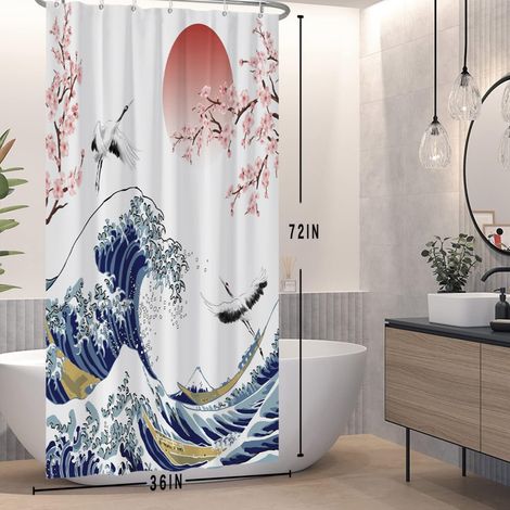 1 Rideau de douche,90x180 cm,Motif fleurs de cerisier,Tissu imperméable,Crochets inclus,Salle de bain (1/5)