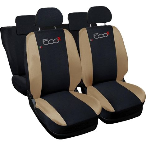 Lupex shop - Coprisedili Auto Compatibili per 500X, Made In Italy, set di copri sedili anteriori e posteriori con copri poggiatesta incluso, tessuto poliestere, Nero - Beige