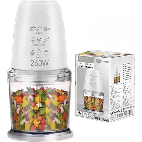 Tritatutto da Cucina Elettrico con Modalita Rapido 260W con Lama in Acciaio Inox Vassoio Capicita Max 500mL Bianco