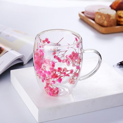 350ml Tasse Cappuccino Verre Latte Macchiato Tasse Double Paroi Verre Cafe Tasses à Thé Belle Fleurs Séchées Tasse a Cafe (E) (1/5)
