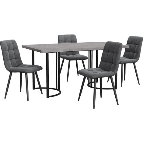Ensemble de salle à manger 5 pièces, table à manger avec 4 chaises, ensemble de table de cuisine moderne, table de cuisine 140×80 cm avec pieds en métal noir, plateau MDF gris, chaises de salle à mang