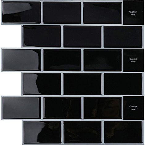 Ensemble de 4 stickers carrelage 3D pour salle de bain et cuisine, carreaux en vinyle auto-adhésifs, panneaux muraux noirs, carreaux métro PVC, décoration carrelage 30x30 cm, décoration murale (1/4)