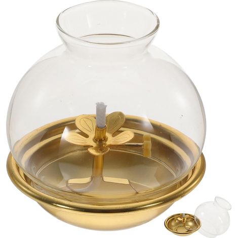 Lampe à Pétrole Lampe à Huile Vintage Bouddhiste avec Abat-Jour en Alliage de Cuivre et Verre pour Culte et Centre de Table Décoratif (1/5)
