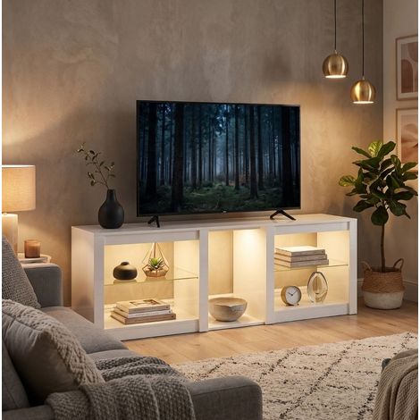 Mueble TV 160 cm con iluminación RGB LED, estantes de vidrio regulables, blanco OKMYHOME (1/5)