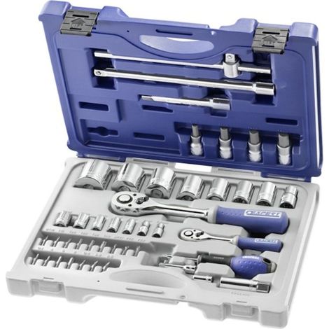 Expert – Coffret cliquet et douilles 1/4'-1/2' – 44 pièces – Douilles 1/4' et 1/2' de 5,5 à 34 mm – Rallonges 130-250 mm et 55 mm