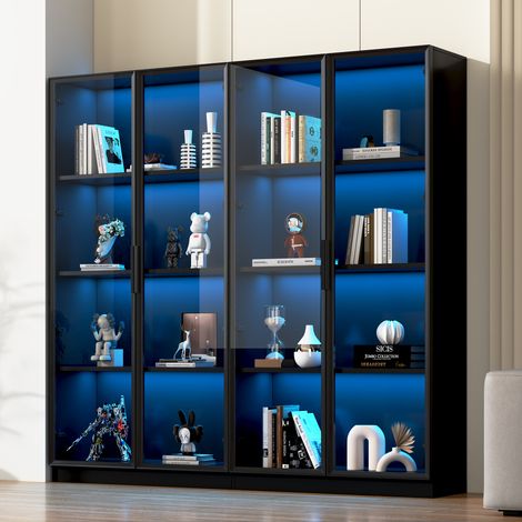 Vitrine lumineuse LED pilotable via appli, meuble de rangement 4 portes avec rayonnages coulissants, armoire haute autoportante pour séjour, placard de salle de bain. (1/5)
