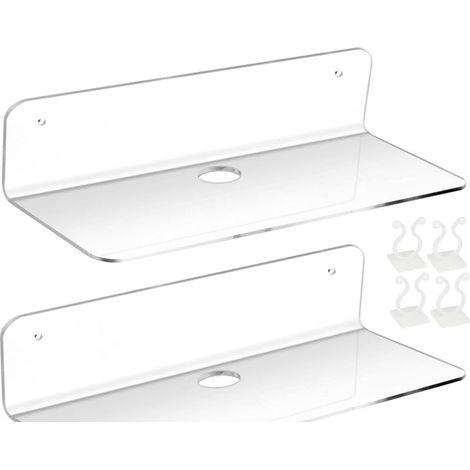 2PCS Acrylic Floating Wall Shelf, White Wall Shelf Set of 2, No Drilling Required Acrylic Shelf for Bedroom, Bathroom, Kitchen, Living Room, Office, with 4 Cable Clips