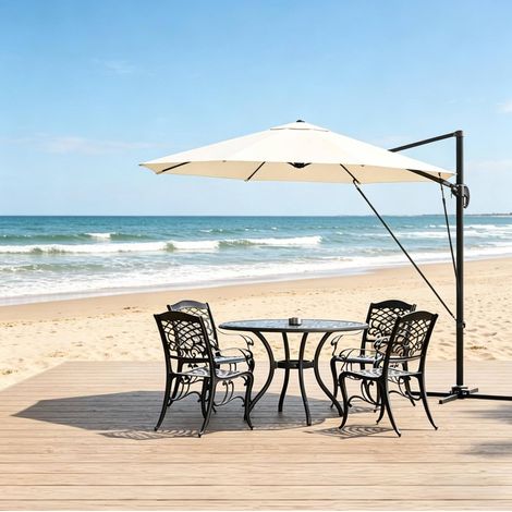 Parasol de jardin déporté rond 3 m en métal beige, orientable 360° pour terrasse FloraGrace (1/5)