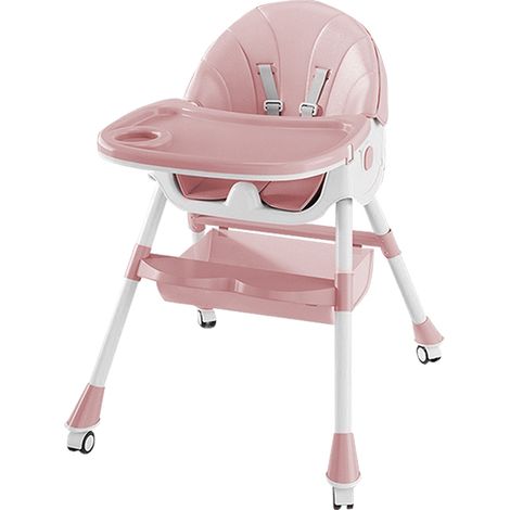 Chaise haute pliable 6 en 1 pour bébé avec roulettes universelles, réglable en hauteur de 6 mois à 3 ans, rose (1/5)