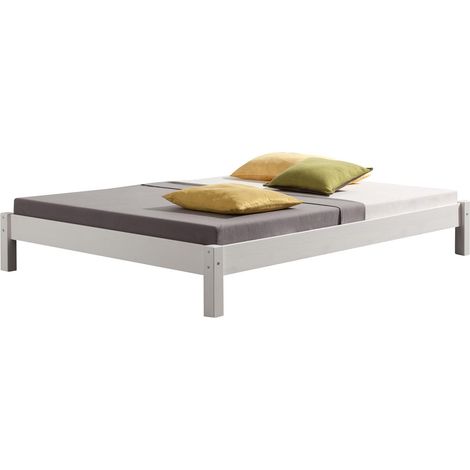 Idimex – Lit futon 140 x 200 cm en pin massif lasuré blanc – Structure stable avec latte centrale – Coins arrondis pour sécurité – Hauteur 30 cm