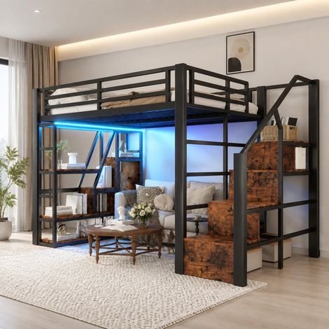 Letto a soppalco per bambini 140x200 cm in metallo e MDF nero, salvaspazio, FloraGrace (1/5)