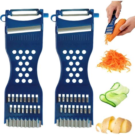 2 Pièces 6 en 1 Multifonction pour Éplucher Ambidextre Acier Inoxydable Épluche Tranche et Râpe Facilement Epluche Legume Compatible Lave-vaisselle pour Fruits et Légumes (Bleu) (1/5)