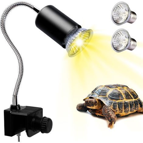 Reptile Heat Lamp, UVA UVB Light for Aquarium Turtle Tank, with 2 50w Basking Bulb and 360° Swivel Clamp Stand for Tortoise, Snake, Frog, Lizard, Chameleon. Halogen, Yellow Light (1/5)