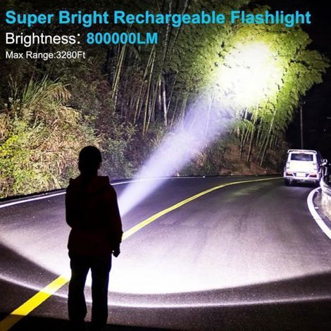 Lampe De Poche - 800000 Lumens - 5 Modes - Étanche IPX6 - Zoomable - 1000 M - 6800 Mah - Aluminium - Noir - 1 Pièce (1/5)