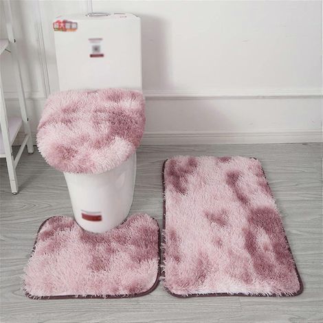 Ensemble de tapis de bain antidérapant violet, 3 pièces, tapis de toilette contour en poils longs, housse de siège de toilette en poils longs tie-dye (1/3)