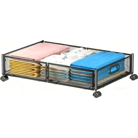 Coffret de rangement à roulettes sous le lit, tiroir de rangement sous le lit, tiroir à chaussures amovible à motif quadrillé (noir) (1/4)