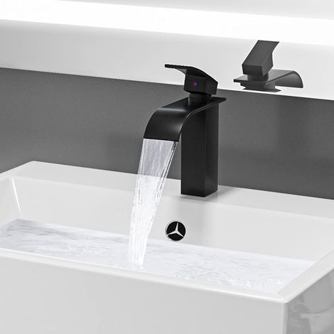 Waterfall Basin Mixer Tap with 114mm Spout Height, Black Bathroom Tap with Hot and Cold Water Available, Stylish Brass Basin Tap