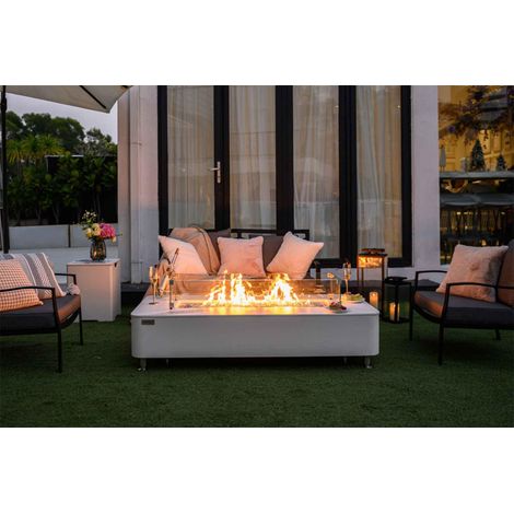 Brasero à gaz extérieur – Mobilier de jardin en béton GFRC – Plateau en porcelaine marbre blanc – Dimensions 157,5 x 76,2 x 35,6 cm – Elementi (1/5)