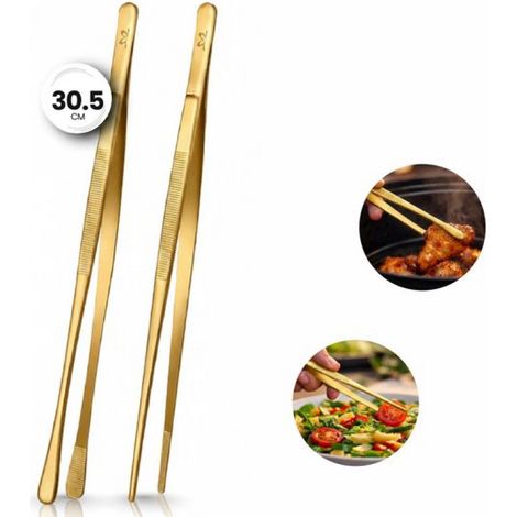Küchenzange aus Edelstahl (2er-Set) – 30,5 cm – Spitz und rund – Fleischzange und Küchenzange für Grill und den täglichen Gebrauch – Gold (1/5)