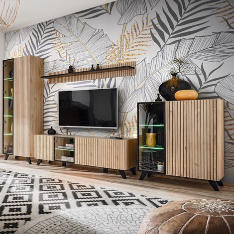 Paris Prix – Ensemble meuble TV 320cm mélaminé noir et naturel – 1 meuble TV, 1 vaisselier, 1 vitrine, 1 étagère – Design contemporain avec système d'ouverture push