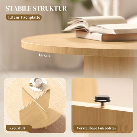 Table basse ronde en bambou, table de salon avec pieds croisés, naturelle (1/5)