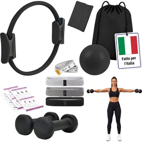 Relaxdays Set Pilates 11pz, anello, palla, 4 bande, 2 manubri, borsa, accessori casa, nero