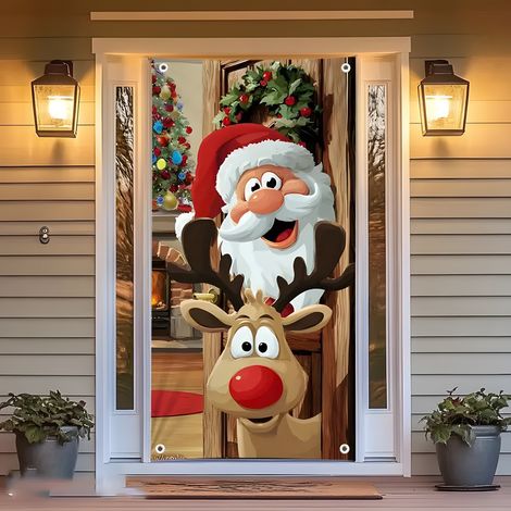 Nouveaux rideaux de porte de Noël, décorations festives, drapeaux, fanions d'extérieur - 90 x 180 cm (perforés + ruban) - 16