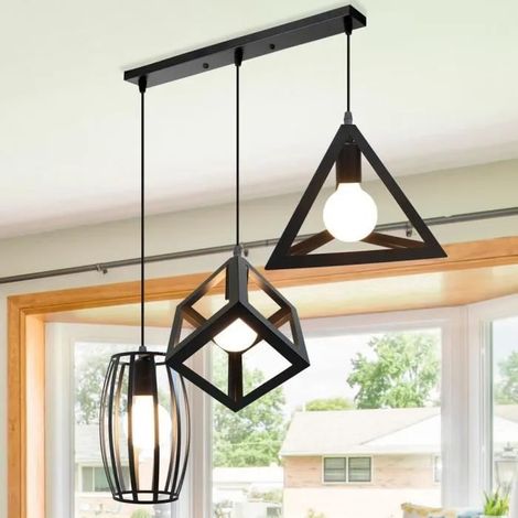 U-do 3 Têtes Lustre Suspension Intérieur - Industrielle Rétro - géométrique - Noir (1/4)