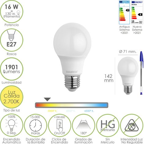 Bombilla Led Estandar Rosca E27. 16 Watt. Equivale A 130 Watt. 1901 Lumenes. Luz Calida 2.700º K.