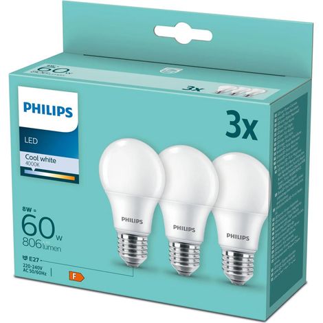 Lot de 3 ampoules LED E27 8W (60W) blanc froid 4000K 806lm 100lm/W Philips (1/5)